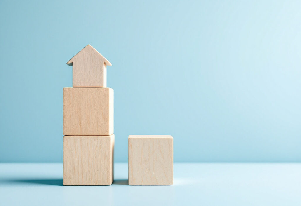 Trois blocs de bois clair de hauteur décroissante surmontés d'une petite maison, sur fond bleu clair