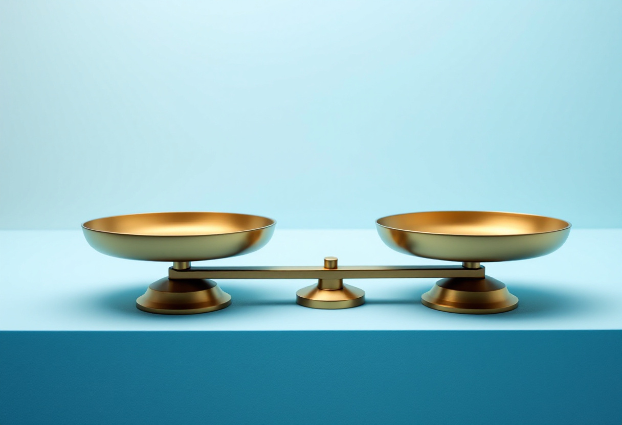Balance à deux plateaux vides en laiton mat posée sur un fond bleu clair