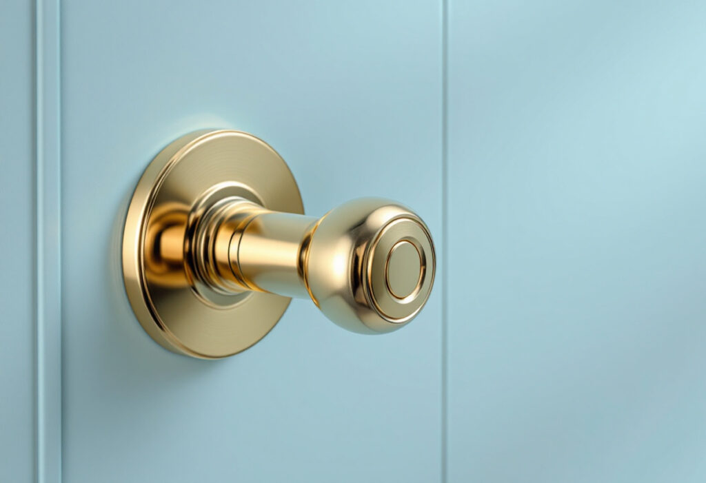 Poignée de porte en laiton sur une porte bleu clair
