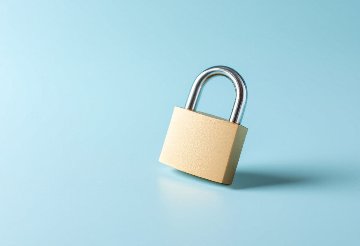 Petit cadenas en laiton fermé, posé sur un fond bleu clair
