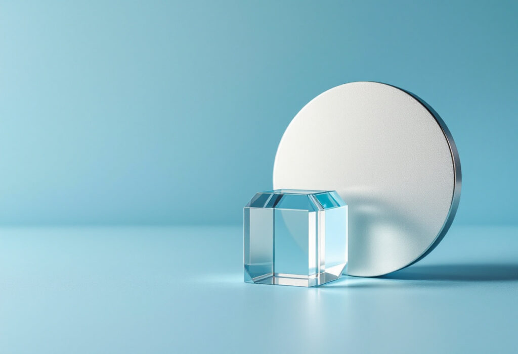 Cube de verre transparent et disque métallique lisse posés sur un fond bleu clair