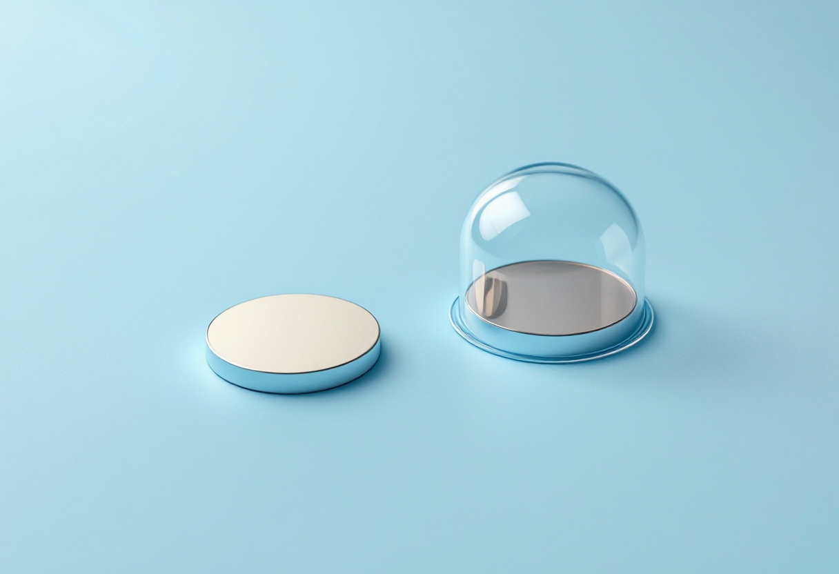 Deux disques métalliques lisses sur fond bleu clair, l'un à l'air libre, l'autre sous une cloche de verre