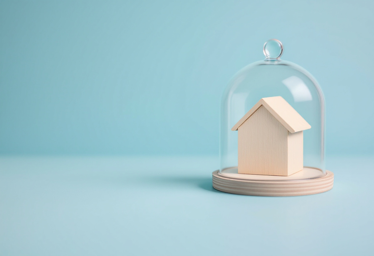 Maison miniature en bois sous une cloche de verre, sur fond bleu clair
