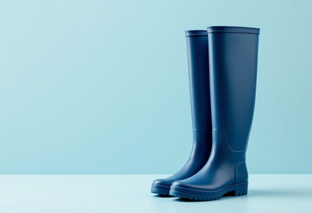Paire de bottes en caoutchouc bleu marine posées sur un fond bleu clair