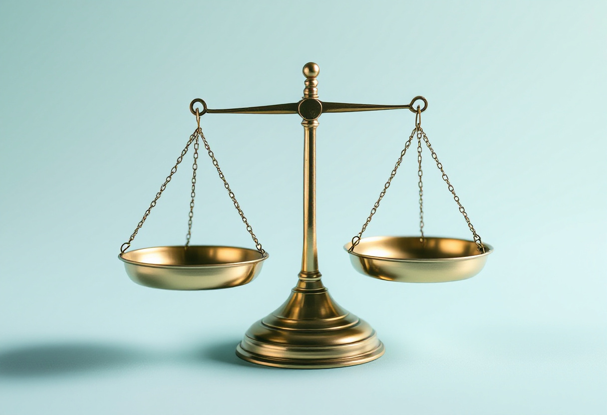 Petite balance en laiton aux plateaux vides, en équilibre, sur fond bleu clair