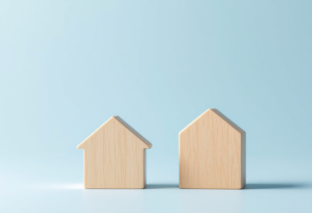 Deux maisons stylisées en bois clair de tailles différentes, sur fond bleu clair