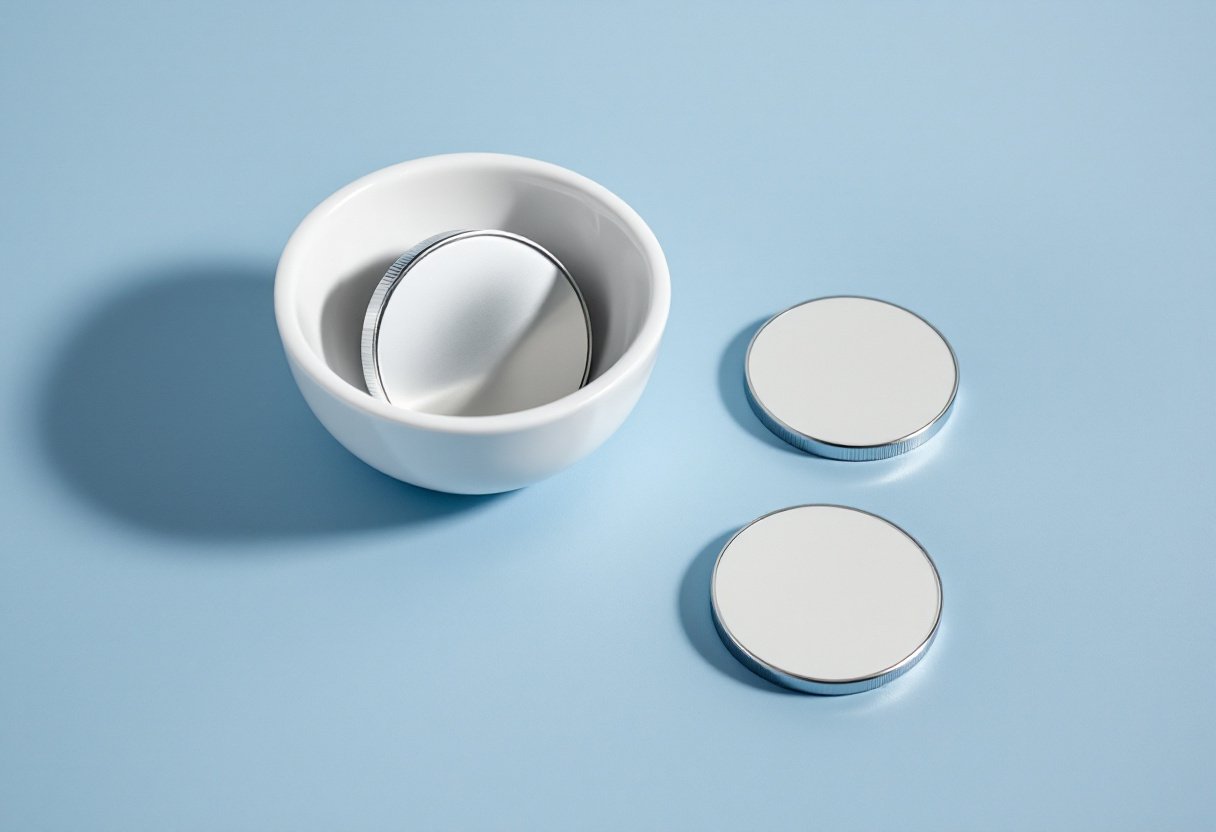Bol en céramique blanche contenant un disque métallique, deux autres disques posés à l'extérieur, sur fond bleu clair