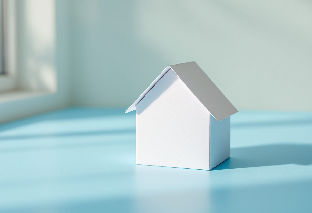 Petite maison en papier blanc pliée, posée sur un fond bleu clair