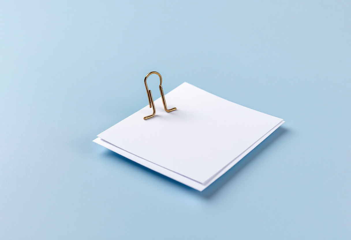 Trombone en laiton posé sur trois feuilles de papier blanc vierges, sur un fond bleu clair