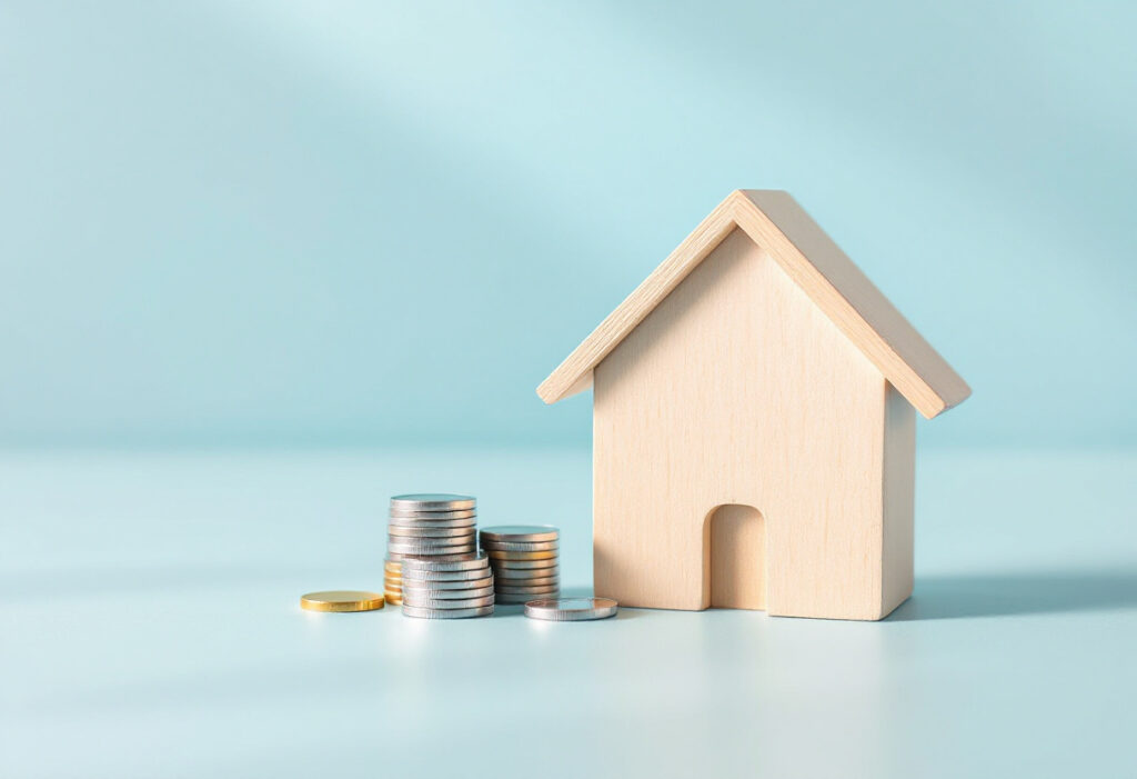 Maison miniature en bois clair et piles de pièces vues de profil sur fond bleu clair