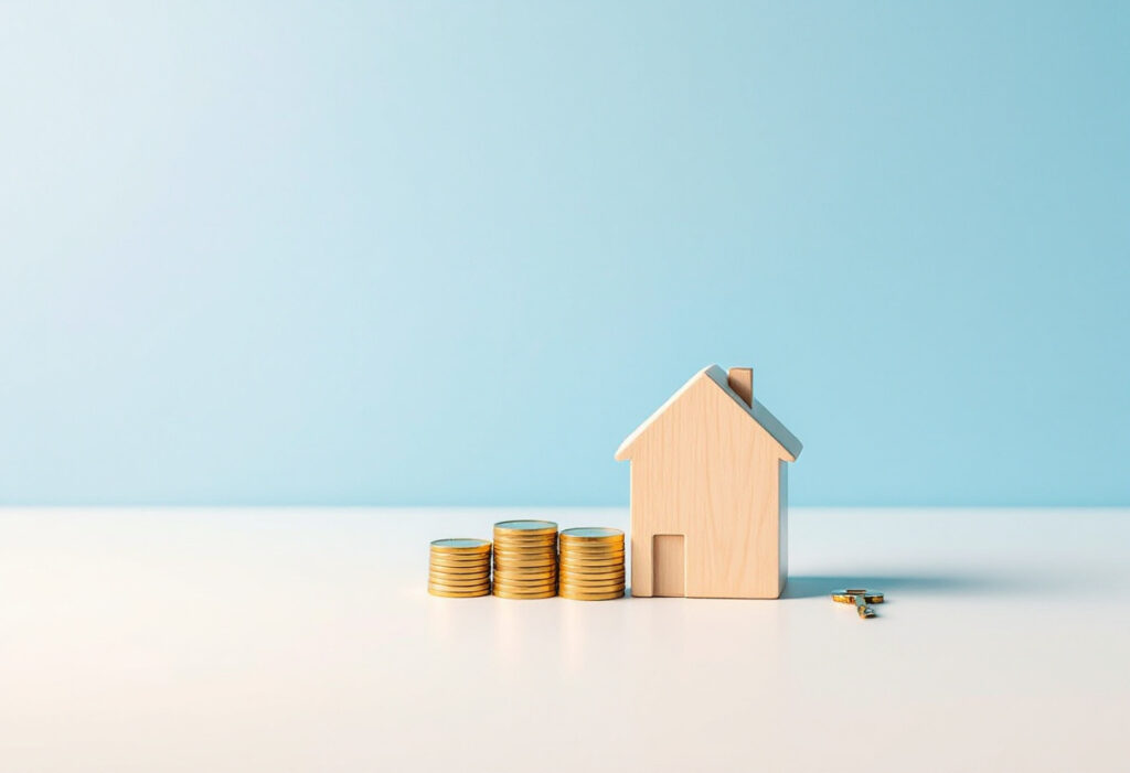 Maison miniature en bois à côté de piles de pièces dorées et d'une clé, sur fond bleu clair