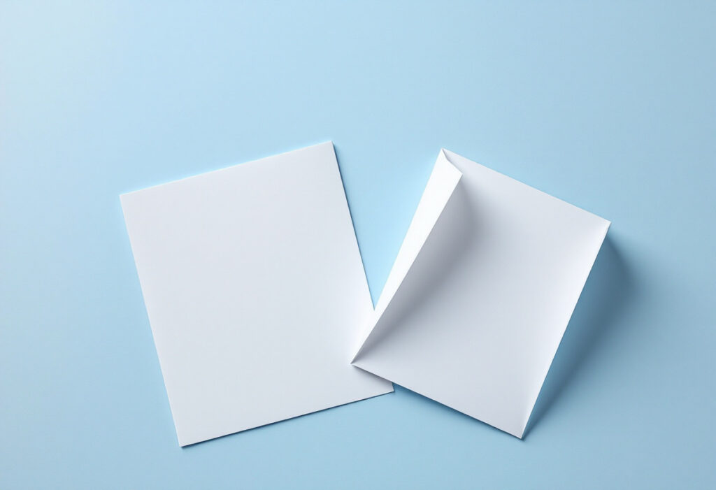 Deux feuilles de papier blanc pliées en chevron, de tailles différentes, sur un fond bleu clair