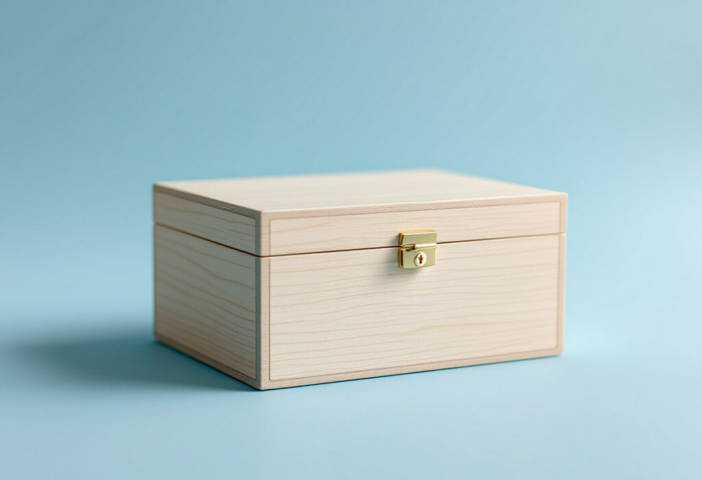 Boîte en bois clair fermée, à charnière de laiton, posée sur un fond bleu clair