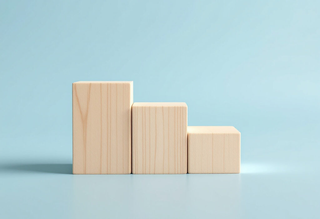 Trois blocs de bois clair de hauteurs décroissantes formant un escalier, sur fond bleu clair