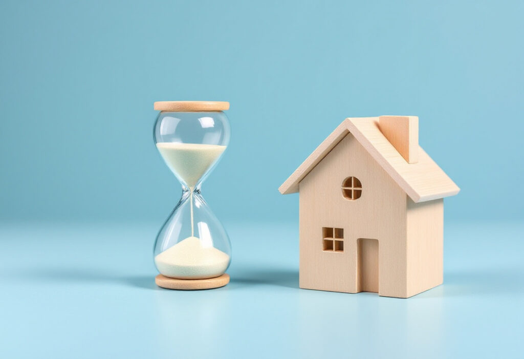 Sablier en verre et maison miniature en bois clair posés côte à côte sur fond bleu clair